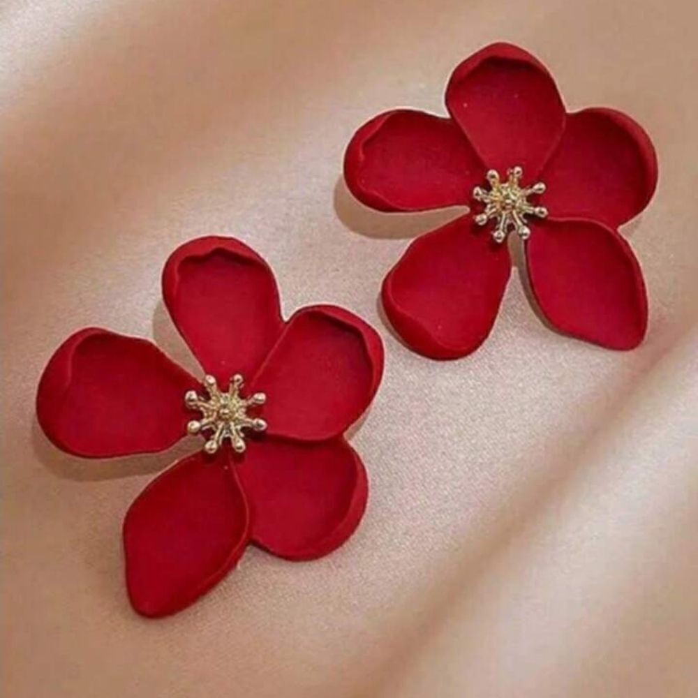 Bohemian Red Flower Earrings for Women Gold Accent Hawaiian Style